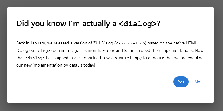 Image example of a ZUI dialog that is actually a native HTML dialog under the covers